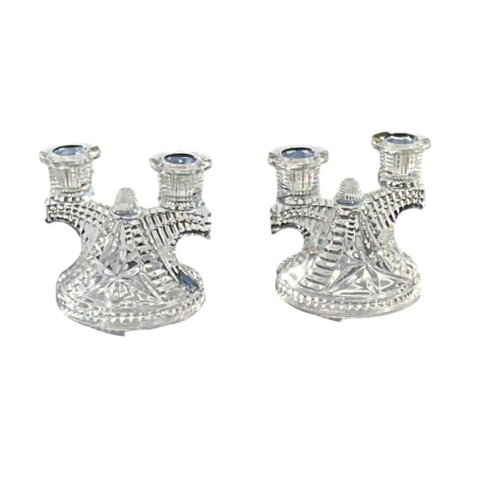 Vtg Cut Glass Double Candle Holder Pair Crystal Candlestick Pressed Glass MCM - Picture 2 of 14